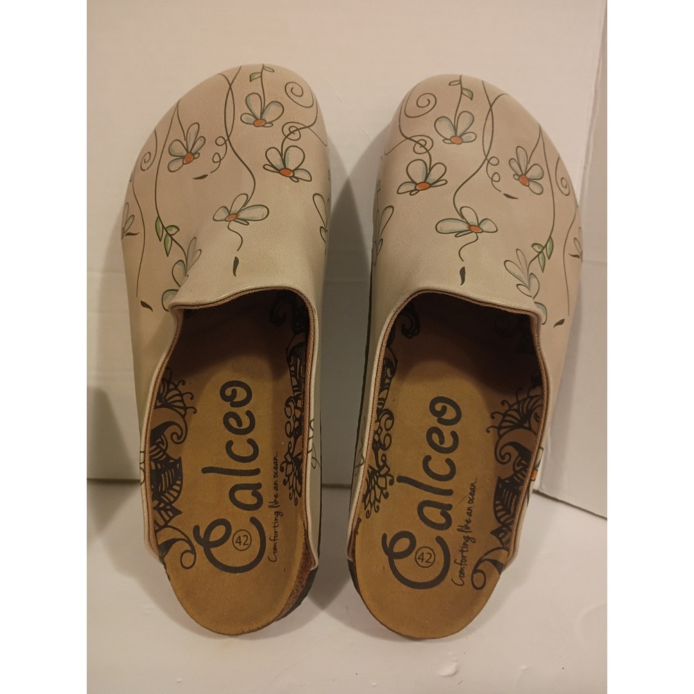 Calceo Women Beige Floral Daisy Print Cork Footbed Mule Clogs Size 42 - Picture 6 of 8